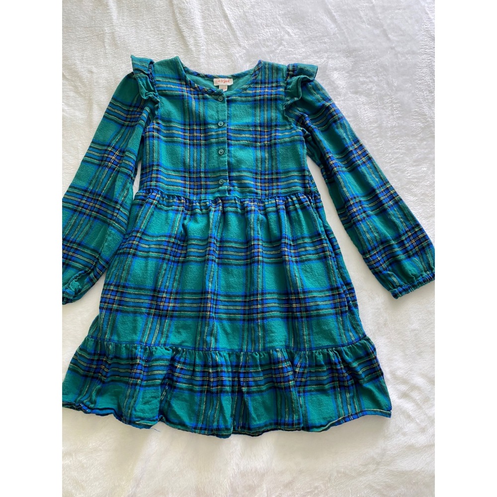 Cat & Jack Flannel Dress Kids Size L 10/12 Green Blue Plaid Ruffle Boho Holiday